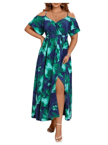 Image of Floerns Women's Plus Size Cold Shoulder Short Sleeve Split Thigh Long Dress