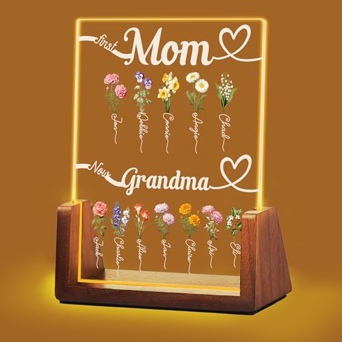 Idiyfun Personalized Mothers Day Gifts for Grandma Mom from Daughter Grandkids Custom Acrylic Plaque Walnut Frames First Mom Now Grandma Customized Birthday Gifts for Mother Grandmother