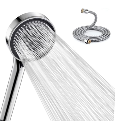 Hochdruck Duschkopf mit Schlauch 2m, wassersparender Handbrause mit 5 Strahlarten (Relaxation Version), Duschbrause mit Antikalk-Funktion, runde Duschbrause (120 mm), Chrom