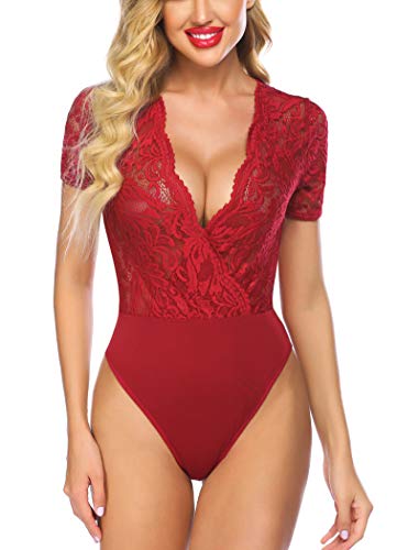 Avidlove Womens Lace Bodysuit Snap Crotch Bodysuit Lingerie Short Sleeve Lace Bodysuit Wine Red