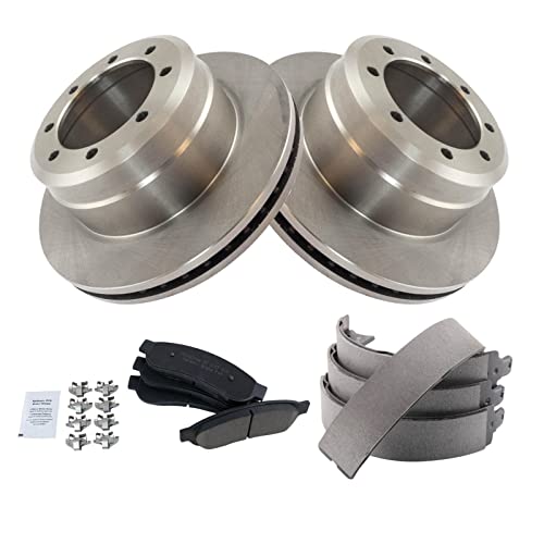 Image of TRQ Rear Brake Pad & Rotor Kit Parking Brake Shoe Set Ceramic Compatible with 2005-2012 Ford F-350 Super Duty 2011-2012 F-450 Super Duty