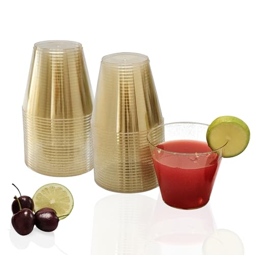 KINGSUSLAY 50 Pack Plastic Cups 9 oz Glitter Disposable Gold Cups Clear Plastic Tumblers and Clear Party Cup for Weddings Birthday Thanksgiving Christmas etc.