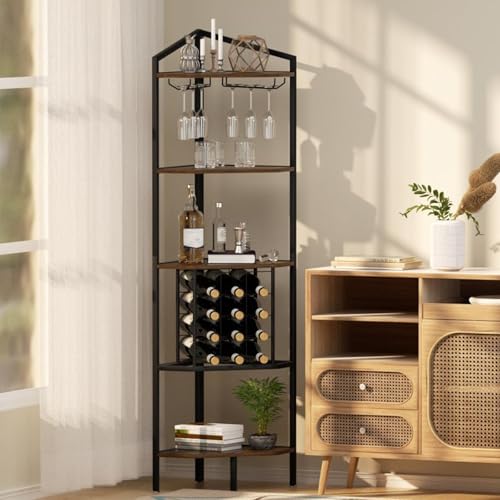 Labasuan Botellero de Esquina de Estilo Industrial Retro, con Estante Colgante para Copas y Botellas, Estante de Almacenamiento de Metal y Madera, Ideal para Salas de Estar y Espacios pequeños