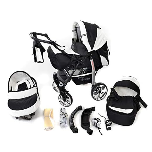 Sportive X2 - Sistema de viaje 3 en 1, silla de paseo, carrito con capazo y silla de coche, RUEDAS GIRATORIAS y accesorios (Sistema de viaje 3 en 1, negro, blanco)