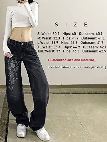 Xineicy Women's Low Rise Heart Pattern Baggy Jeans Washed Wide Leg Denim Cargo Pants3