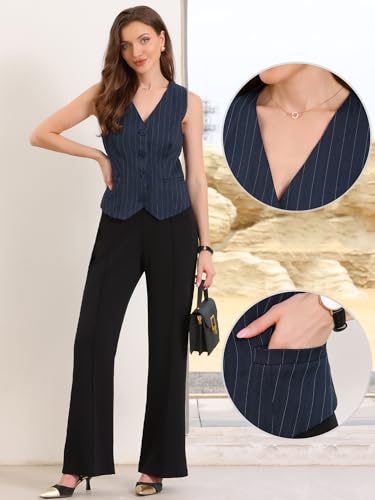 Allegra K Vest Tops for Women V Neck Sleeveless Button Down Striped Trendy Waistcoat Top Ladies Business Casual Outfits2