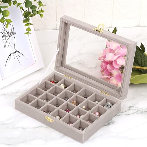 Image of BucketList Women's Velvet Glass Ring Earrings Jewelry Box - Display Storage Showcase Holder Organizer (24 Grid Jewellery Box Grey)