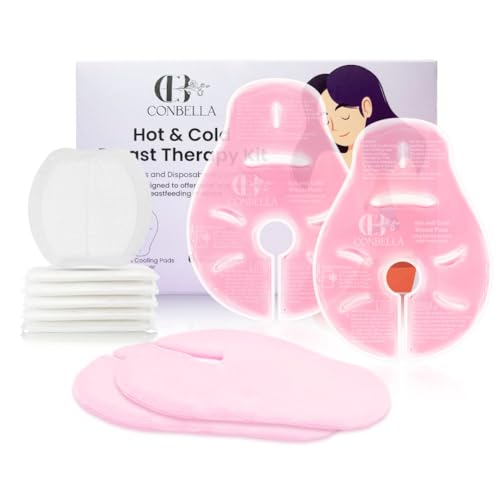Image of 2 Larger Breast Ice Packs with Soft Covers and 6 Breast Pads for Leaking Milk, Hot and Cold Breast Therapy Packs, Breastfeeding Essentials for Relief of Clogged Ducts, Nipple Pain, Engorgement(Pink)