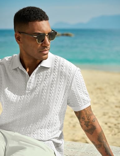 Image of JMIERR Men's Casual Polo Shirt Knitted Textured Short Sleeve Stretch Golf Shirt Summer Vacation Beach Collared Shirts