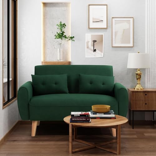 Image of Shintenchi 48'' Loveseat Sofa, Mid-Century Modern Upholstered Couch Deep Seat with 2 Pillows, 10 inch Thick Cushion with Spring, Solid Wood Frame Small Couch for Living Room, Dorms & Office, Green