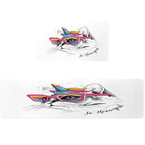 Alfombrillas de cocina antideslizantes juego de 2 alfombras lavables con diseño de gato 2