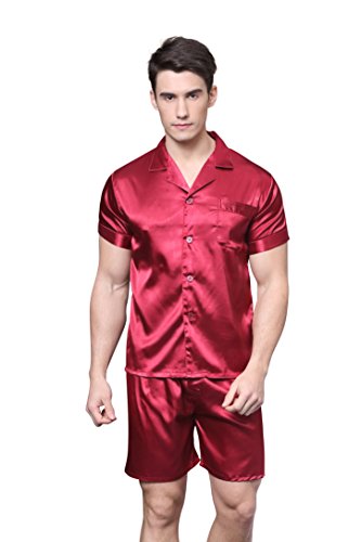 Tony & Candice Men's Short Sleeve Satin Pajama Set with Shorts (Burgundy,M)