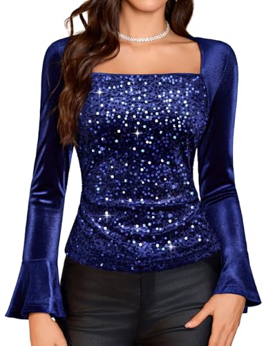 Image of HomRain Velvet Long Sleeve Sequin Tops for Elegant Women- Glittery Bell Sleeve Blouse for Homecoming, Formal, Church, Wedding Guest, Club & Date Night -Navy XL