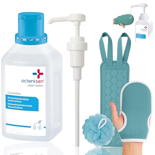 Complete Wash Kit Octenisan Antimicrobial Wash 500ml with Holou Pump compactible with Octenisan & Microfibre Bath Mit Antibacterial Body Wash for Gentle Cleansing Sensitive Skin & Daily Hygiene