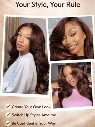 Image of Beauty Forever Pre Everything Medium Chocolate Brown Loose Wave 13x4 Lace Front Human Hair Wig Pre Plucked Pre Cut Face Framing Layers Glueless Drawstring Wear and Go Wigs 150% Density 22inch