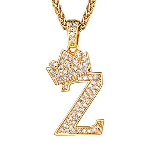 Richsteel Crown Initial Necklace for Men Women Capital Letter Z Pendant with 22 Wheat Chain Alphabet Monogram Necklaces