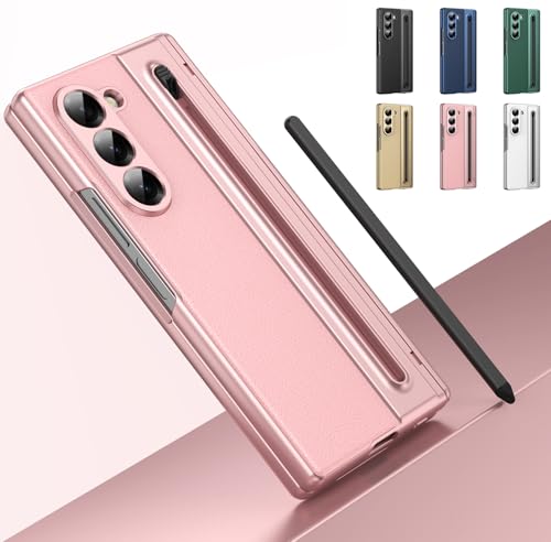 Étui Galaxy Z Fold 5 en cuir rose avec stylet amovible et protection d'écran intégrée