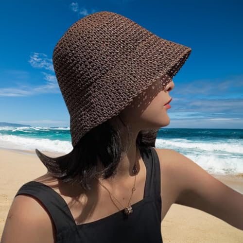 Image of Womens Floppy Straw Sun Hat Packable Wide Brim Summer Beach Hat Foldable Crochet Bucket Hats