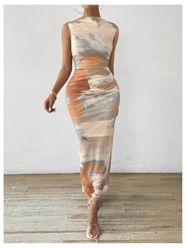 SweatyRocks Women's Tie Dye Maxi Dress Mock Neck Sleeveless Fitted Sheer Mesh Bodycon Dresses3