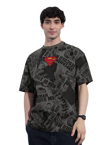 Image of The Souled Store Superman: Men and Boys Short Sleeves Round Neck Grey Embroidered Cotton Oversized T-Shirts