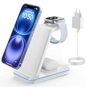 GEEKERA Wireless Charger, 3 in 1 Induktive Ladestation für iPhone Air/17/16/15/14/13/12/11/Pro Max, Ladestation für Apple Watch Ultra 3-1/11-2/SE, Kabelloses Ladegerät für AirPods Pro 3-2/4-2, Weiß