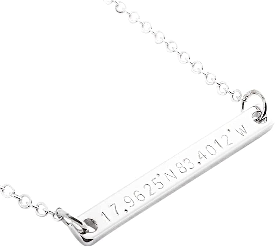Petite Boutique Personalized Gift Coordinate GPS Necklace GPS Coordinate Personalized Gold Silver and Rose Gold Bar Plate with Delicate Dainty Charms