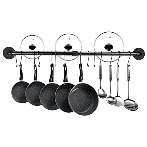 HighFree 39 inch Pot Rack Wall Mounted Detachable Pans Hanging Rail Kitchen Lids Utensils Hanger Black Pipe Pot Rack with 14 Detachable S Hooks