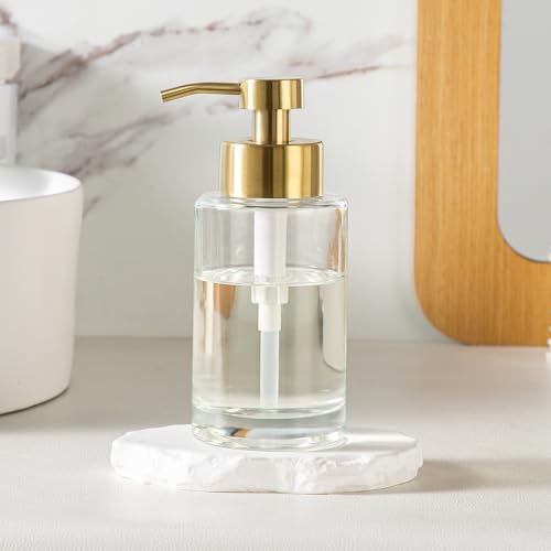 Image of Enra Glass Soap Dispenser, Clear Bottle Gold Pump Liquid Hand Soap | 12oz Clear Thick Glass Bottle With Stainless Steel Pump. Refillable Design Creates A Stylish Accent for Kitchens
