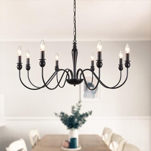ASHUAQI Black Chandelier, 8-Light Farmhouse Chandeliers Ceiling Light, E14 Socket Pendant Light Fitting Industrial Black Ceiling Lights for Living Room, Kitchen, Hallway, Dining Room, Bedroom