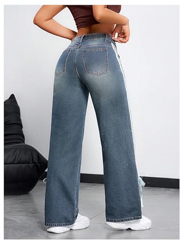WDIRARA Women's Bow Side Striped Baggy Jeans Y2k Wide Leg Mid Rise Denim Pants with Pockets3