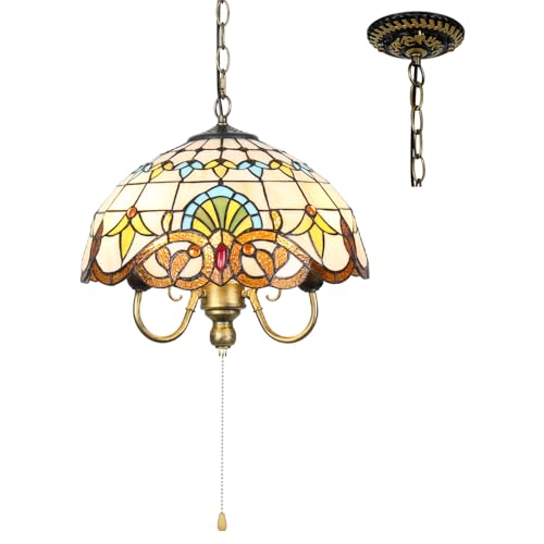 TFNTCYG Tiffany Pendant Light, Stained Glass Lamp, 16 Inch Wide 3-Light Inverted Ceiling Pendant Lights for Living Dining Room Kitchen Bedroom Entryway