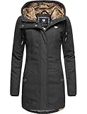LOOK: Stylischer Damen Mantel in Woll-Optik mit Kunstfell Kapuze und Tunnelzugkordeln vom angesagten Street-Wear Label Ragwear, 100% vegan hergestellt