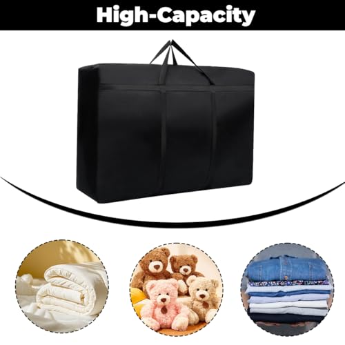 2 Stück Große Aufbewahrungstasche, 80 x 46 x 24cm Oxford Heavy-Duty Umzugstaschen mit Reißverschlüssen, Wasserdichte Tragetaschen, für Kissen Kleidung Bettwäsche Aufbewahrung Umzug (Schwarz)