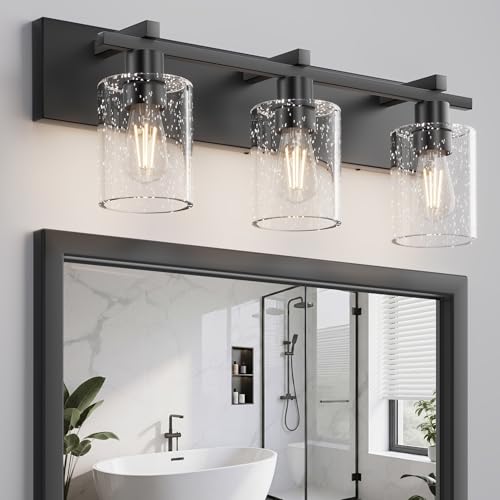 Espird Bathroom Vanity Light,3 Light Matte Black Light Fixture with Thickened Seeded Glass Shade...