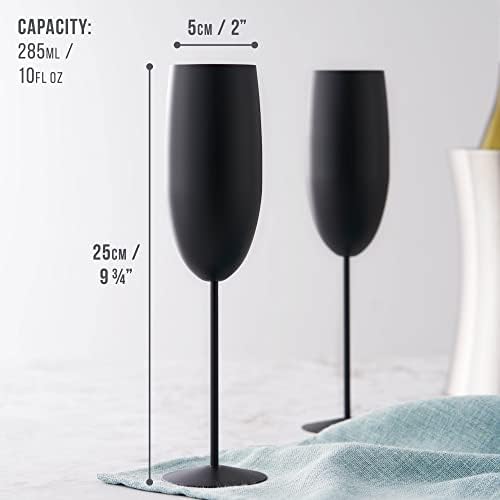 Oak & Steel - 4 Elegant Stainless Steel Black Matte Champagne Flute Glasses, 285ml - Unbreakable Party Glass Gift Set