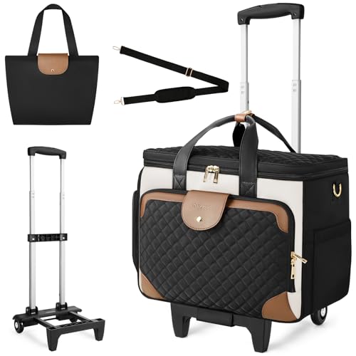 Arcoyard Rolling Teacher Bag with File Teacher Tote and Detachable Trolley Large Rolling Bag for Work with 17.3 Inch Laptop Compartment Work Bags for Women Teaching Nurse Craft Beige Brown