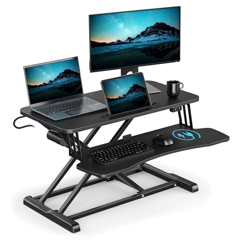 VonHaus Electric Standing Desk Converter Height Adjustable Two Tier Computer Workstation w/Keyboard Shelf Dual Monitor Sit Stand Riser w/Controls & Tablet Holder 80x40cm & 20kg Capacity (Black)