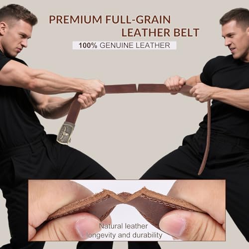 Mens Belts Leather, Full Grain Leather Handmade Belt with Bull Ratchet Buckle, 100% Italian Real Solid Top genuine Leather Dress Belts, Brown2