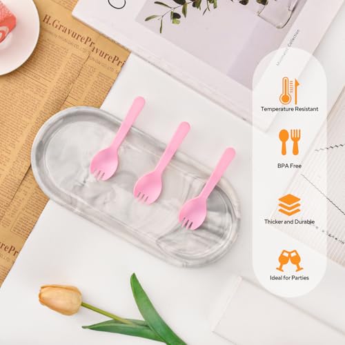Image of 1000Pcs Mini Pink Plastic Spork, 4.2 Inch Individually Wrapped Disposable Utensils, Small Fork and Spoon Combo for Restaurant, Catering Events, Cakes, To-Go & Party Use