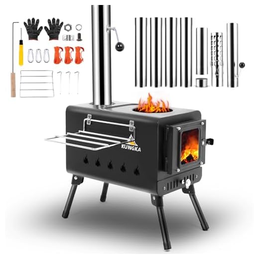 KUNGKA Black Wood Burning Tent Stove, 7 Section Stainless Steel Chimney, Portable Hot Tent Stove for Camping, Hunting, Ice Fishing