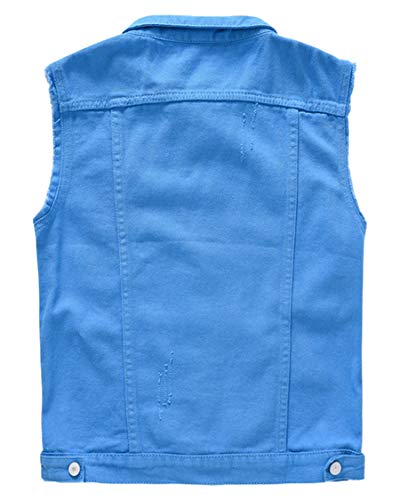 Image of ebossy Men's Ripped Distressed Denim Vest Sleeveless Button Up Jean Vest Jacket (X-Small, Blue)
