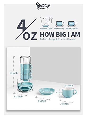 Sweese 4 Ounce Porcelain Stackable Espresso Cups With Saucers And Metal Stand Set Of 4, Turquoise - 405.402 #TOP1