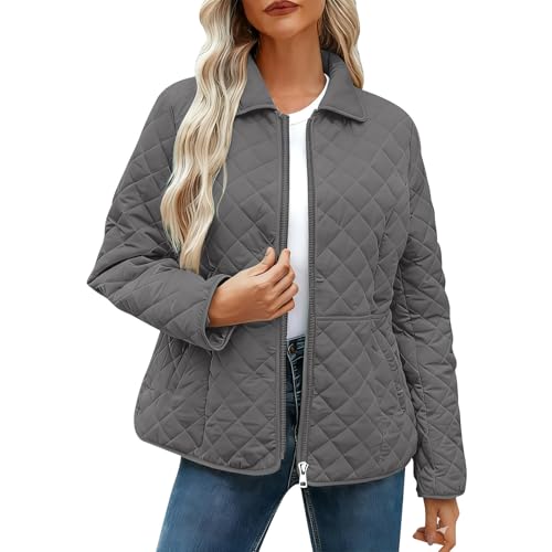 Image of Yolimok Womens Quilted Jacket Quilted Puffer Jacket Ladies Lightweight Padded Puffer Coats Lapel Collar Long Sleeve Zip up Jackets Solid Outerwearw Inter Fall Outfits Plus Size Thermal Clothing