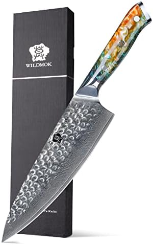 WILDMOK Chef Knife,8 inch Damascus Japanese kitchen knives,VG10 Steel&Resin Handle Chef Knife,Hammered Finish chef's knives,Japanese damascus knife Including Gift Box