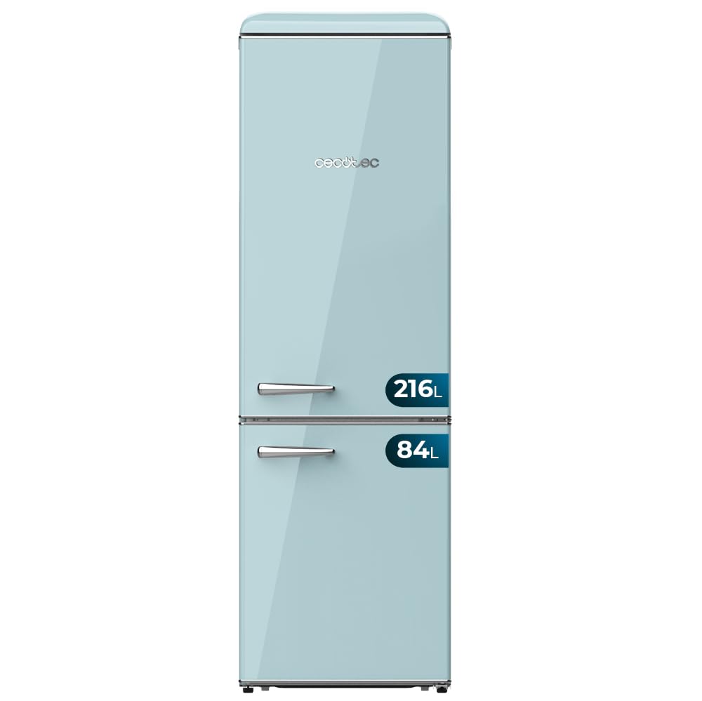 Cecotec Frigorífico Retro Combi de 300L Bolero CoolMarket Combi Origin 300 Blue E, Clase E, LED interior, Crisper Box, control de temperatura, tirador cromado y bandejas de cristal.
