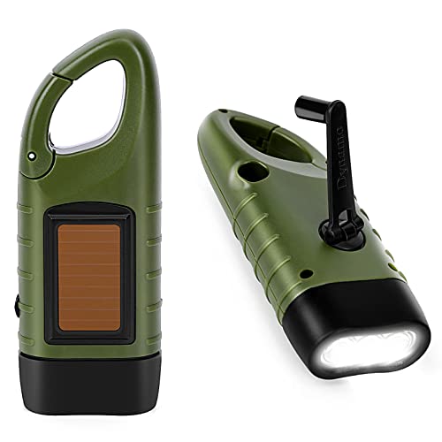 PKKP Taschenlampe Kurbel 2 Stück, Solar LED Notfall Taschenlampe mit Wandern Schnalle, Dynamo Taschenlampe Handkurbel Wiederaufladbare für Camping/Outdoor/Klettern/Wandern (Armeegrün) Cover