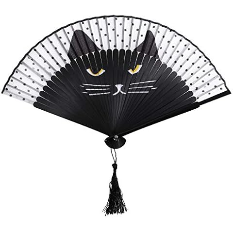 OULII Women Cartoon Cat Folding Silk Fan Handheld Fan (Black) Cover