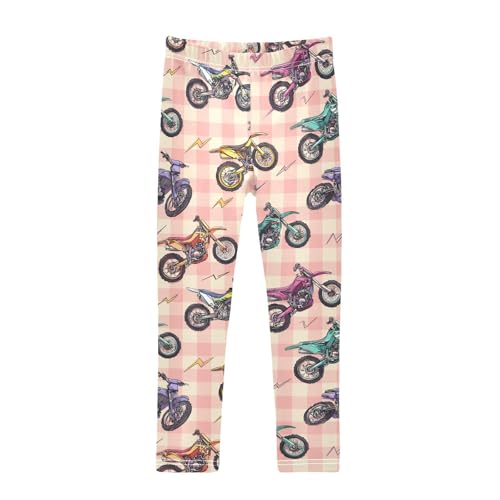 Motorcycle Lightning Pink Plaid Girls Leggings Ultra Soft Compression Yoga Gym Pants for Kids 4-10T
