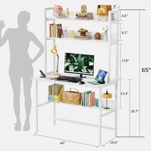 Image of Aquzee 40 Inch Desk with Hutch, Computer Desk with Shelves
