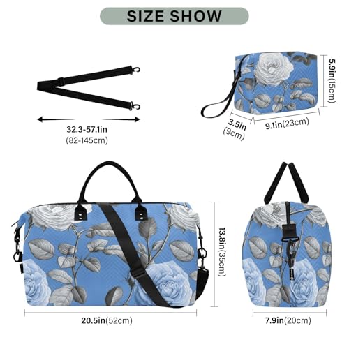 Rose Travel Gym Bag, Rose Flower Elegant Pattern Weekender Overnight Duffle for Women with Toiletry Bag Travel Swim3